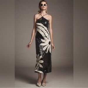Anthropologie Farm Rio Halter Sequin
Column Midi Maxi Dress Floral Black Ivory